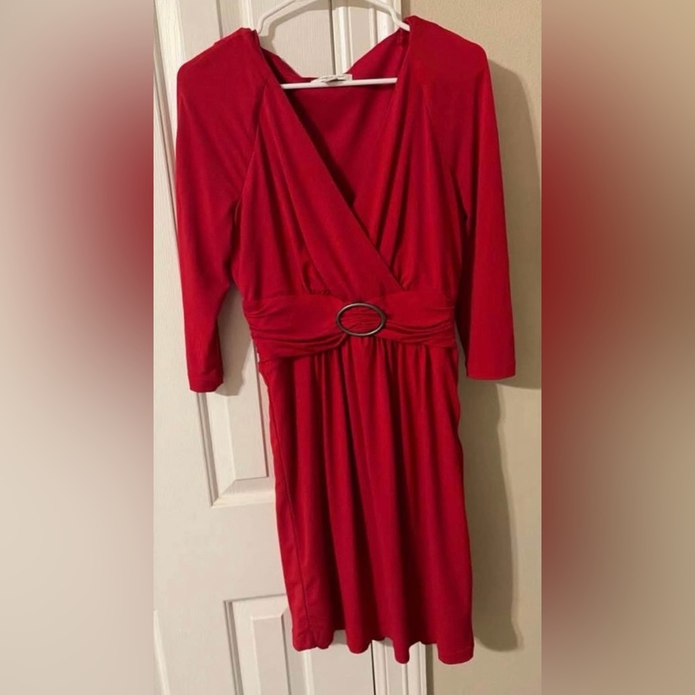 Coldwater Creek Red Long-Sleeve Wrap Dress with Oval Buckle